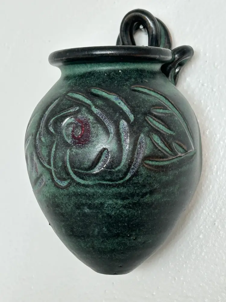 Wall Pocket Vessel Vase Planter Embossed Pottery Green & Black Glaze