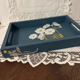 Up-Cycled Wood Blue Tray W/Florals 12”x 8”