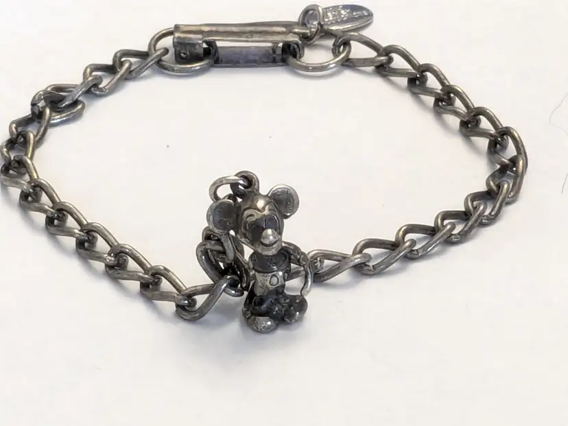 Vintage Mickey Mouse Silver Plated Charm on Silver Tone Bracelet
