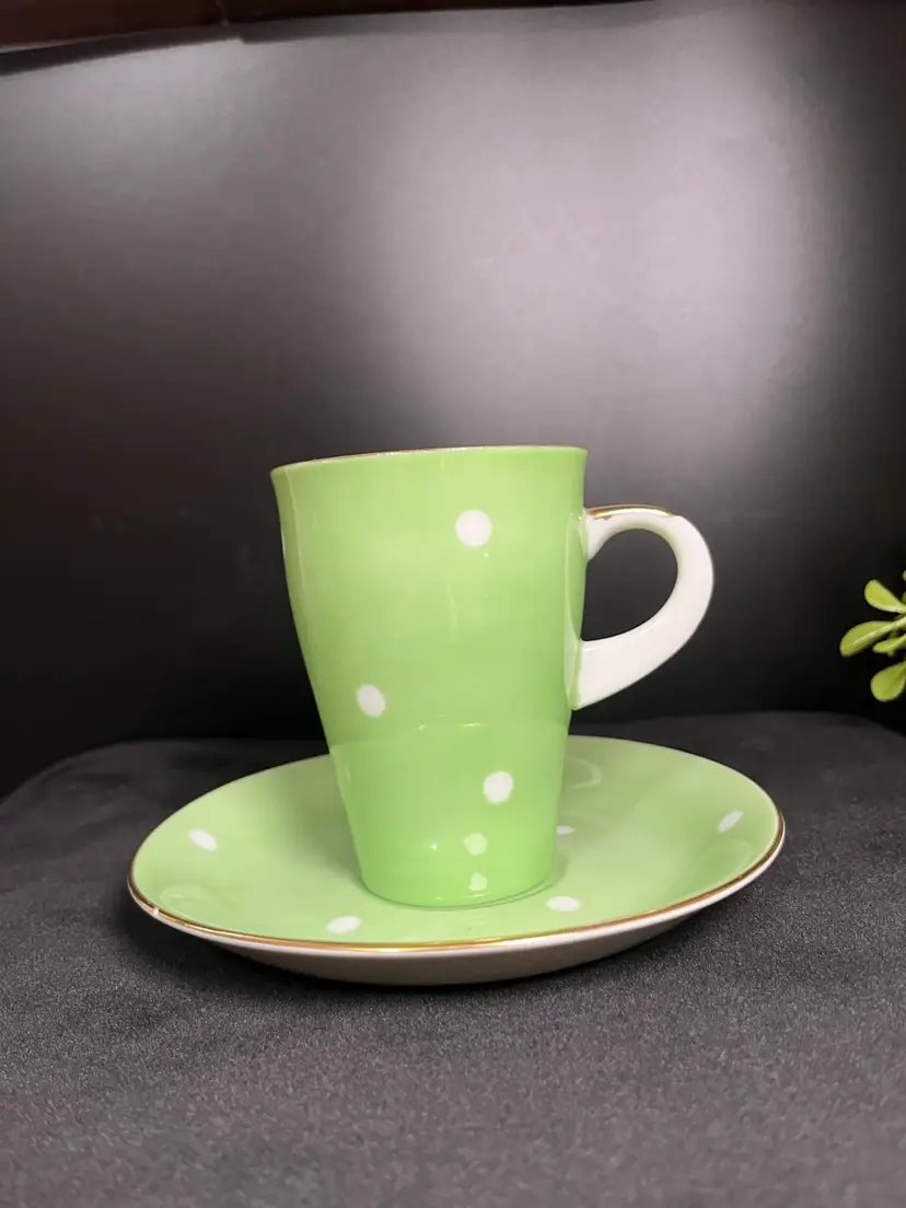 Apple Green w/ White Polka Dot Pattern, Gold Tone Trim Accents-Cup & Saucer