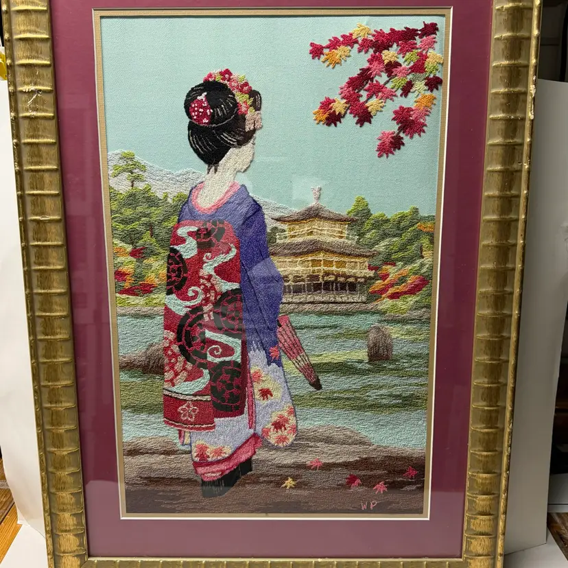 Vintage Matted&framed Crewel-Bunka Shishu Artwork Geisha & Temple Florals 27.75”