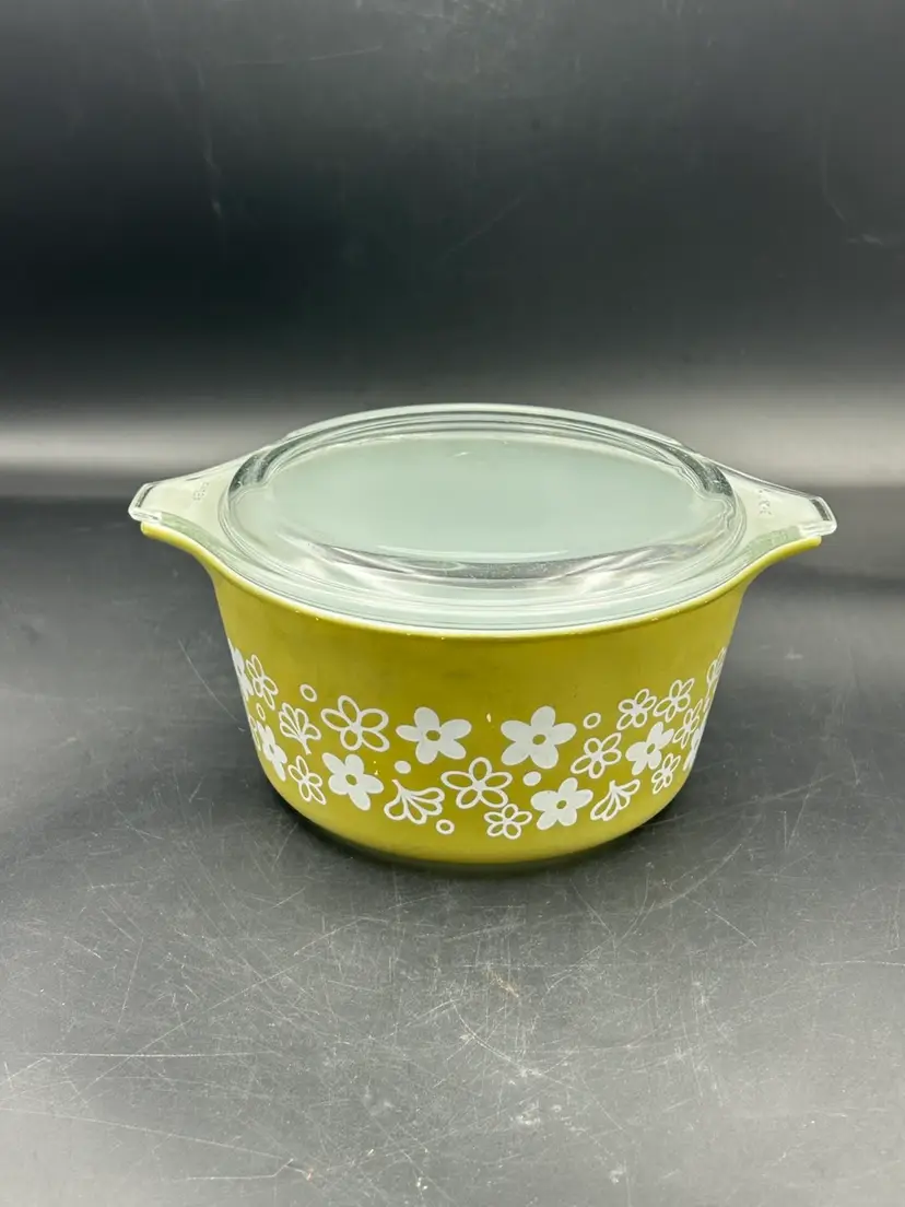 Vintage Pyrex Green Crazy Daisy 473 1 qt. Dish Spring Blossom