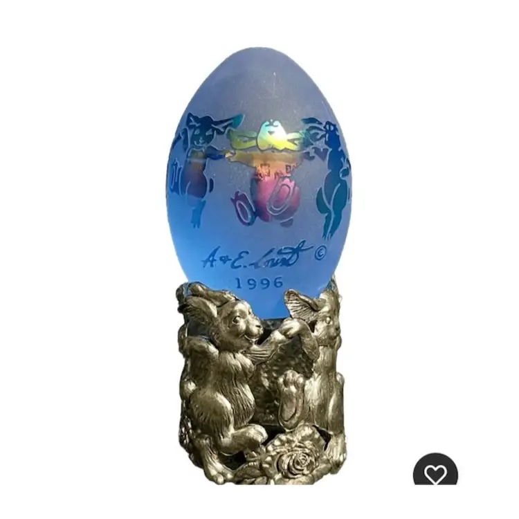 Paperweight Frost Blue Iridized Glass Egg Metal Stand Velvet Box 1996 Gift