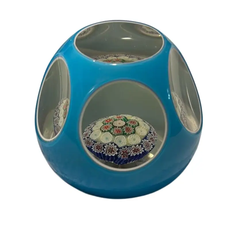 Murano Double Cased Turquoise Overlay 5 Side Facet & Top Window Facet Close-packed Canes Millefiori Beauty - 3”