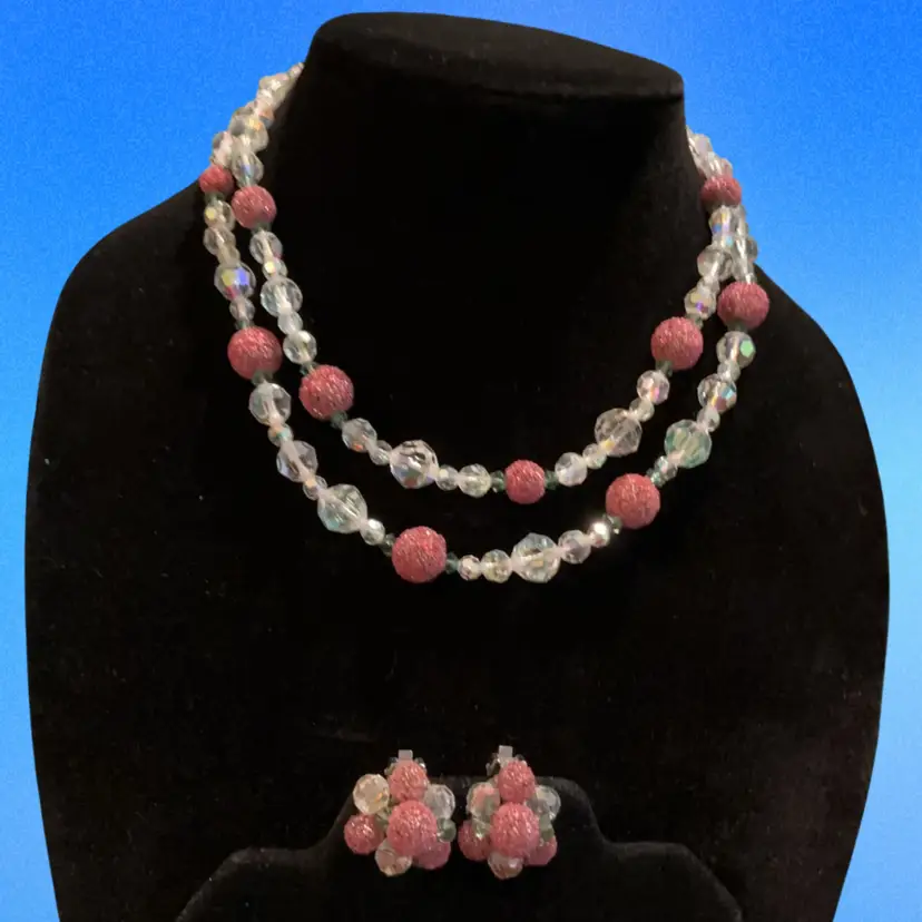 Beautiful Vintage Silvertone Glass & Pink Glitter Double Strand Beaded Choker With Matching Cluster Clip On Earrings Set . Not Signed.
