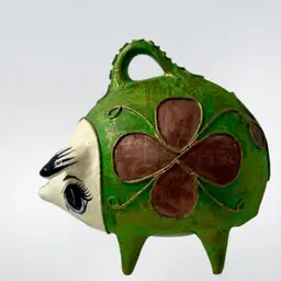 Vintage Mexican Ceramic Pottery Piggy Bank Hand Painted Pig With  Handle Green/White/Blue
6.5” x 6.75”