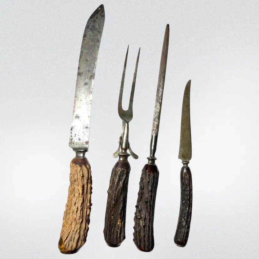 Primitive 4 Piece Antler Stag Handle Antique Carving Set. Early 1900s.  Knife, Fork, Sharpening Steel and Steak Knife. 🇺🇸 USA Shipping Only.
