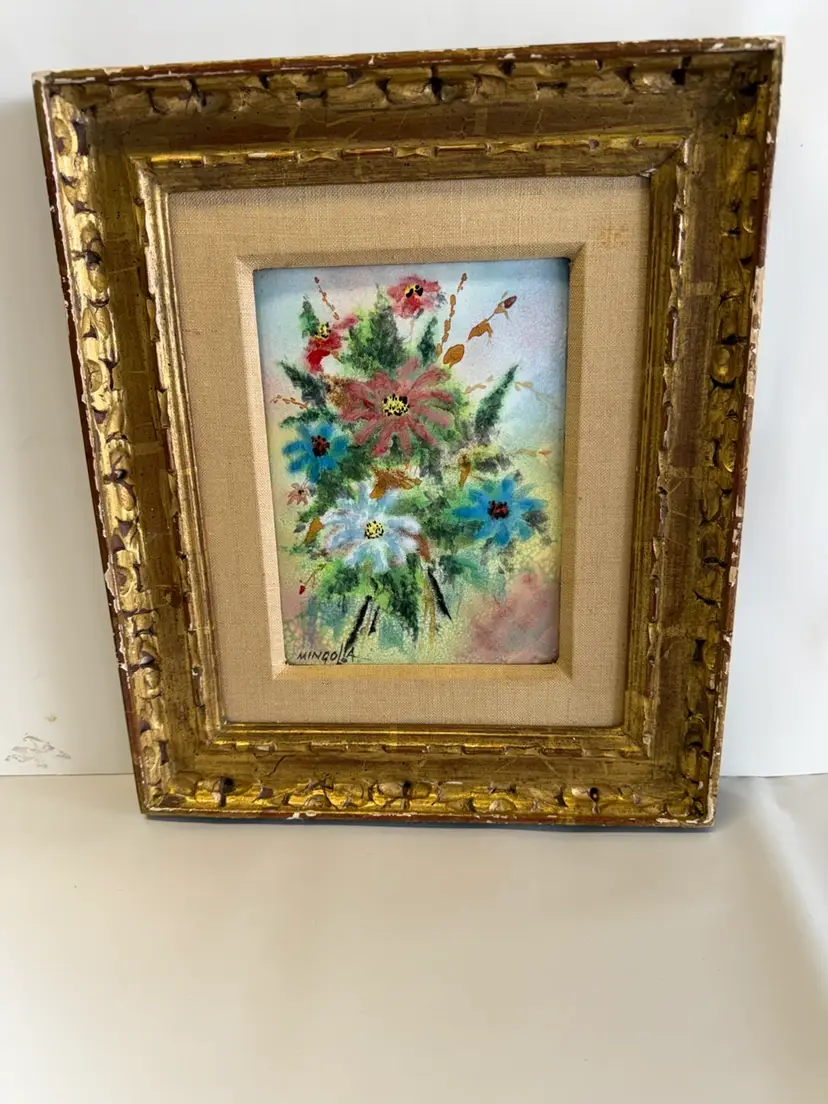 Vintage Gold Framed Enamel On Copper Floral Still Life Painting By Mingola 13.5”