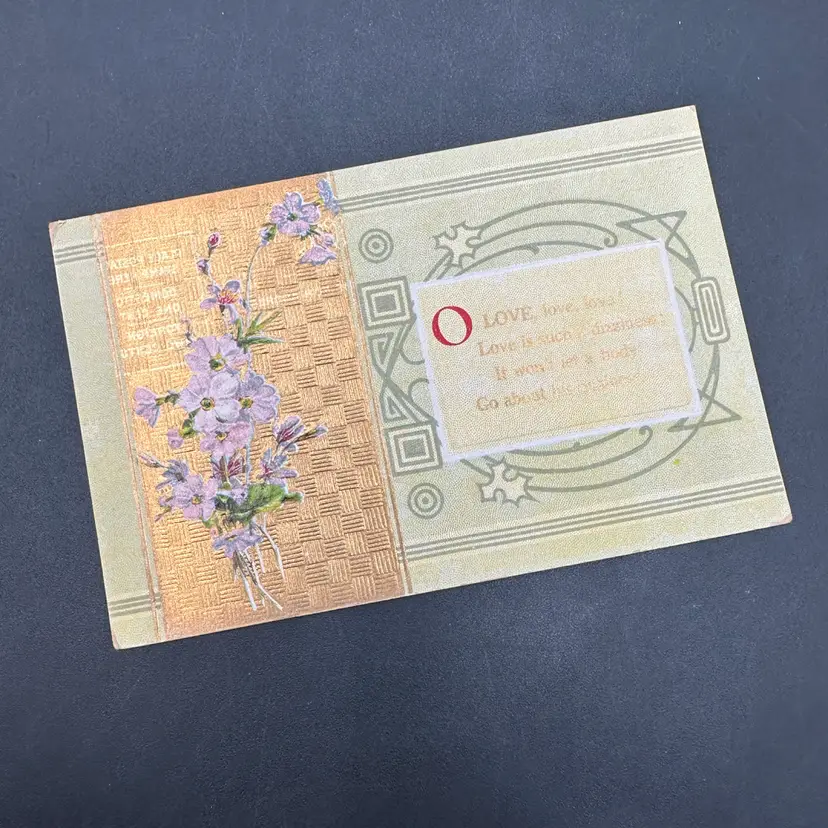 “O, Love!” Antique Purple Floral Embossed Gold Weave Accent, Unused Unposted