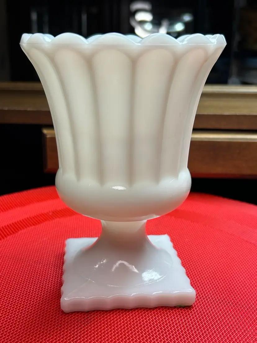 Vintage Grecian Style Milk Glass Pedestal Ribbed & Scalloped Edge Urn Square Base Spooner