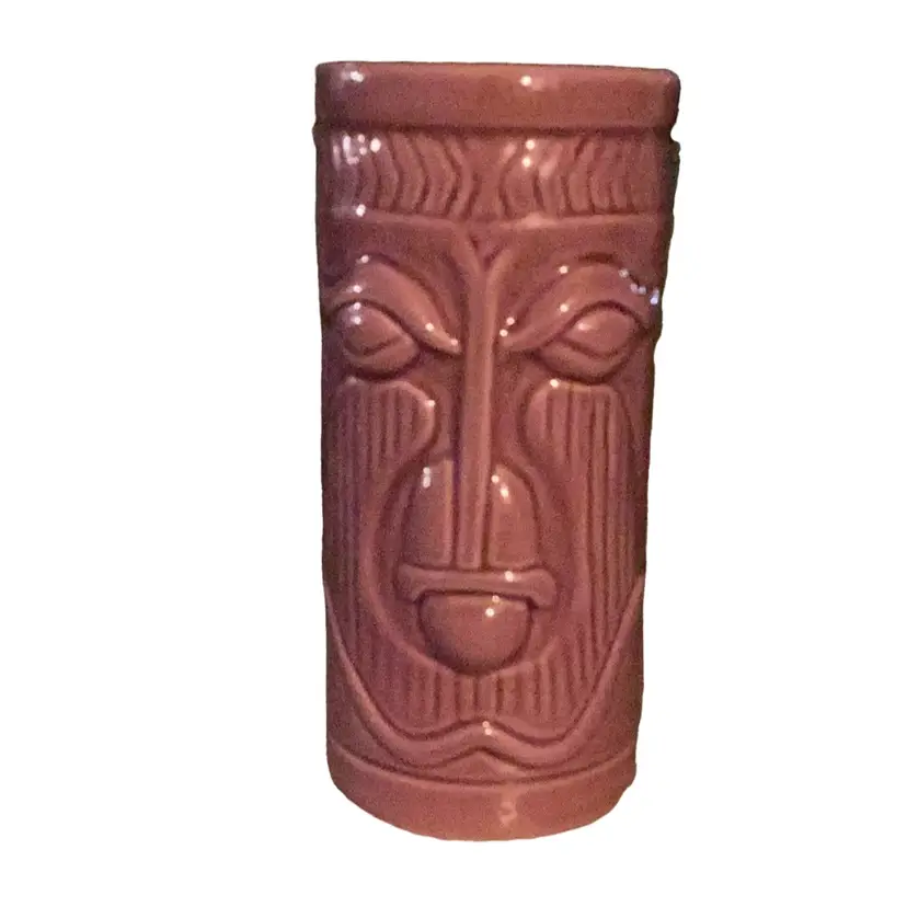 Four Different Faces Tiki Tall Ceramic Glasses Or Vases - Blue Green Pink And Brown