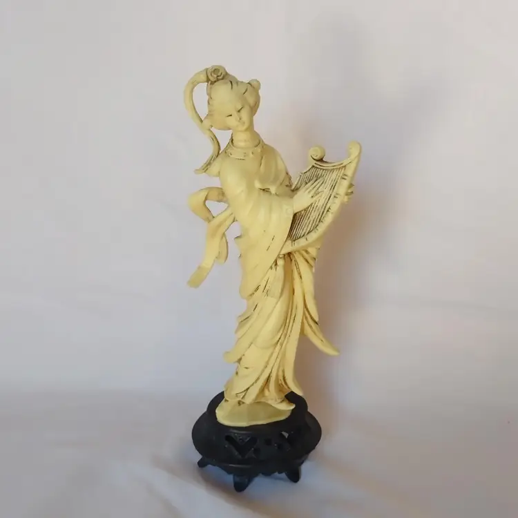 Vintage Italian Geisha Playing Harp Instrument Ivory Black Stand Woman Figurine