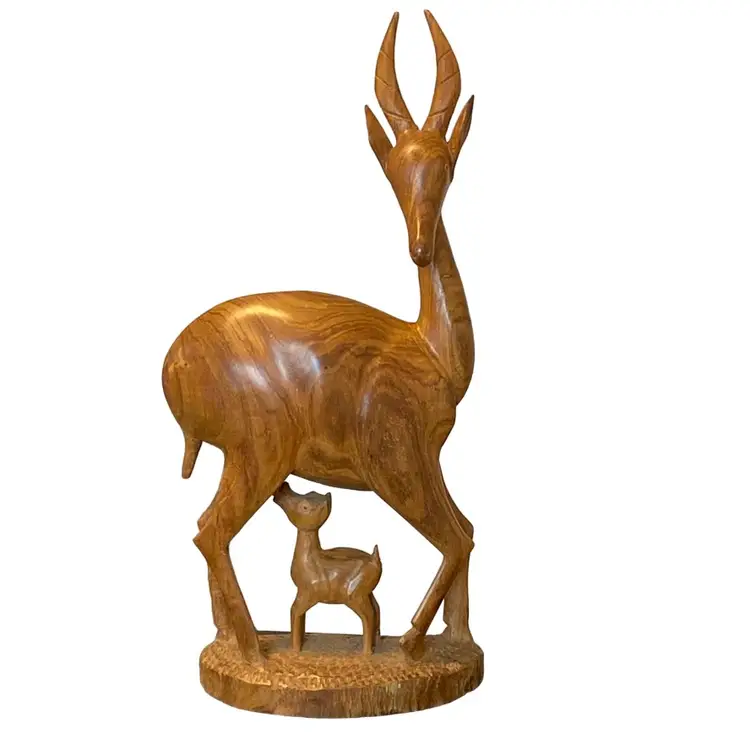 Handcrafted Antelope/gazelle wooden sculpture Nursing Suckling, Baby Mother