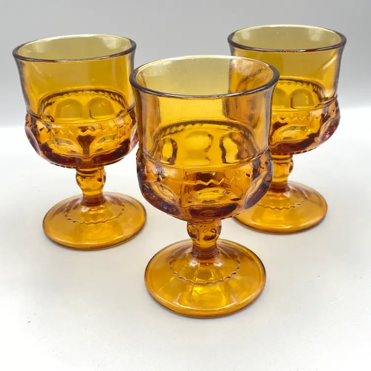 Vintage Indiana Glass Cordial Wine Kings Crown Thumbprint Yellow Amber Retro