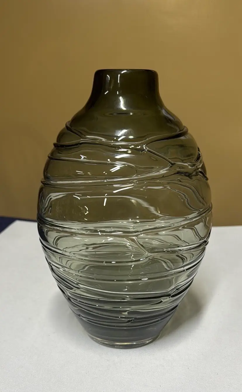 Hand blown Textured Glass Vase Smokey grey 9.25” tall 6” wide