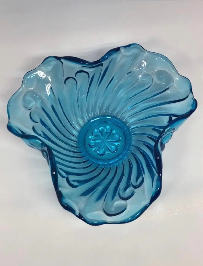 Vintage Azure Sky Blue Glass Trinket Bowl with Swirls and Pinched Rim