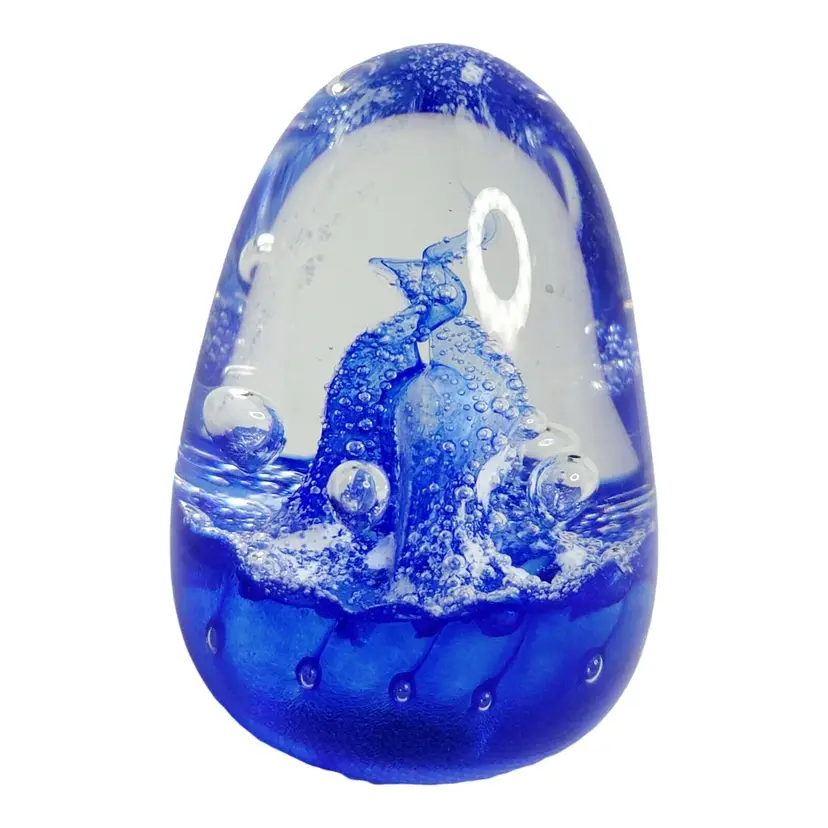 Vingate Glass Cobalt Blue Bubbles and Swirls Blown Glass Paperweight Signed 3"