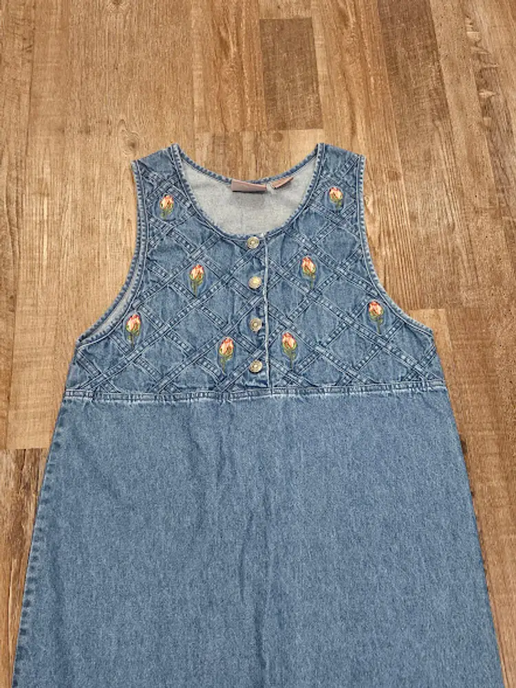 Vintage Dress Women Small Blue Denim Maxi Cottagecore Floral Embroidered Button