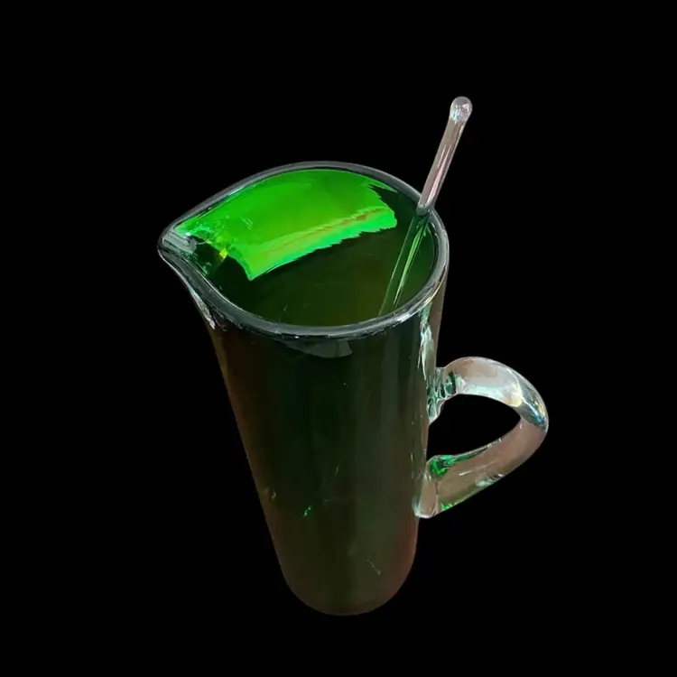 HANDBLOWN GREEN GLASS MARTINI PITCHER BY BISCHOFF. 13.5” Tall