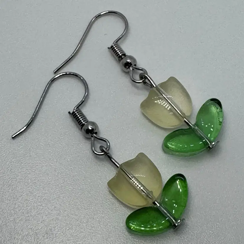 White Lampwork Tulips Flower Handmade Dangle/Fishhook Earrings