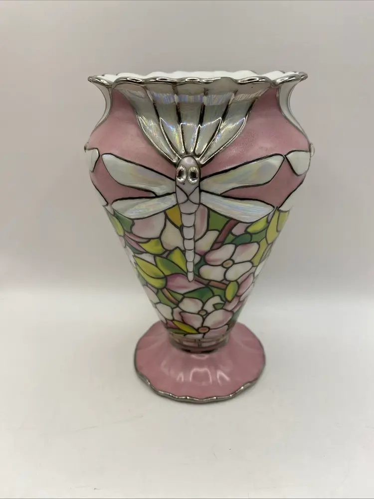 VTG Louis Tiffany Bradford Exchange Glittering Dragonflies Porcelain Vase Pink