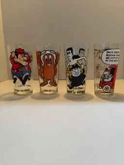 Vintage Pepsi Collector & Pizza Hut Set of 4 Drinking Glasses Rocky,Boris,Dudley