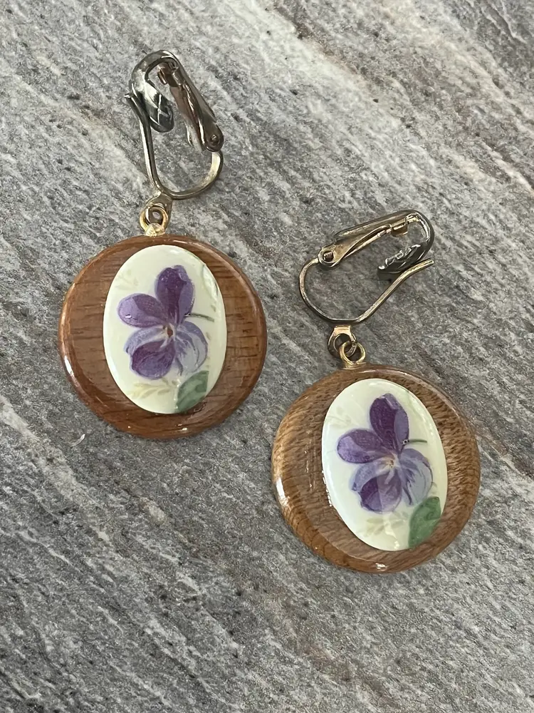 Vintage Hand Painted Purple Violets Porcelain Clip on Wood Earrings