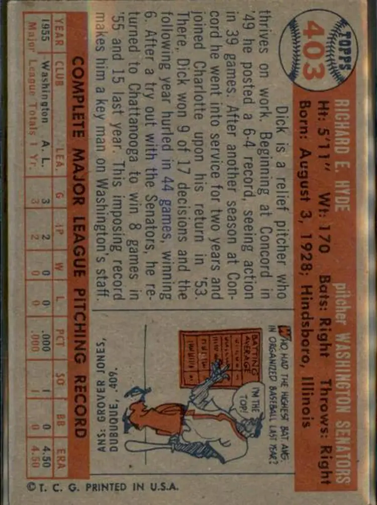 1957 Topps #403 Dick Hyde - ( pk1 ) - Washington Senators