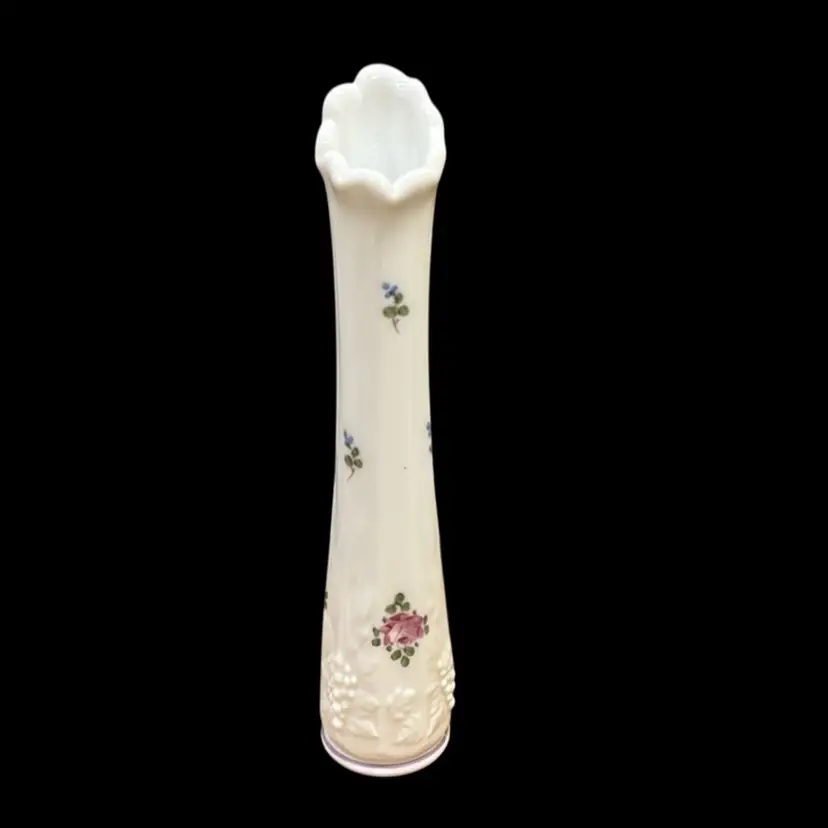 Vintage Westmoreland Milk Glass Handpainted Paneled Swung Grapevine & Roses Vase - 9.5”