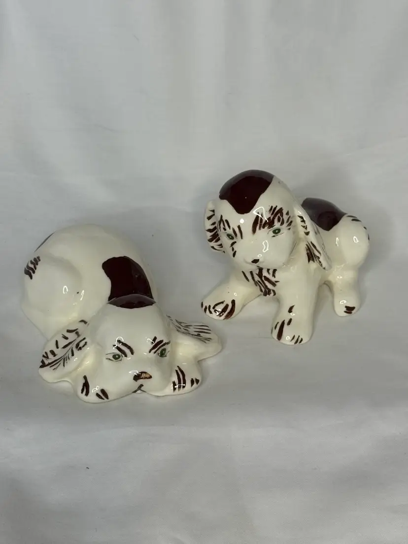 Vintage Pair of Ceramic Puppies - Hand Painted. Signed And Dated, 1972. 5”x5” & 3”x7.75” As Is