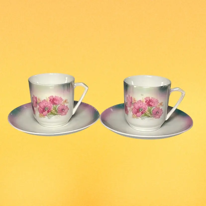 Vintage Pair of Bavarian Porcelain Teacups & Saucers Ombre Transferware 4.5"