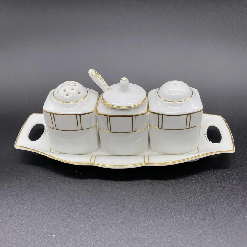#2010 Vintage Porcelain Salt Pepper Mustard pots on under tray Czechoslovakian