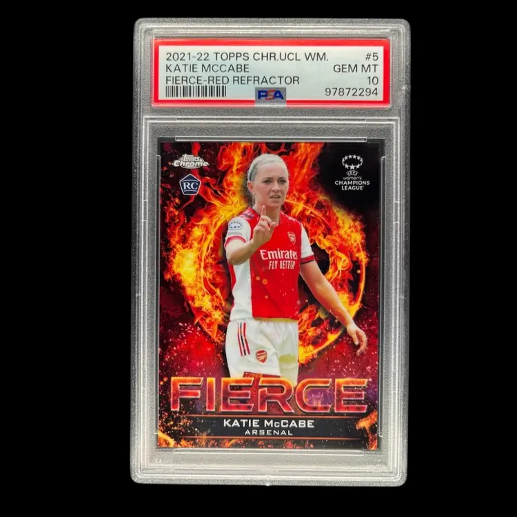 Katie McCabe 2021/22 Topps Chrome UWCL Fierce Red /5 PSA 10 Arsenal Soccer Card