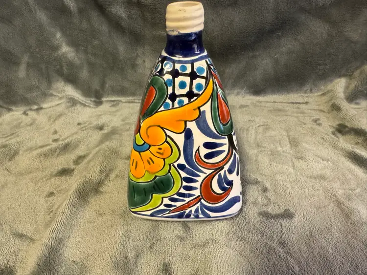 Vintage Handmade In Mexico Hand Painted Talavera Vase Bottle Jar Folk Art EUC