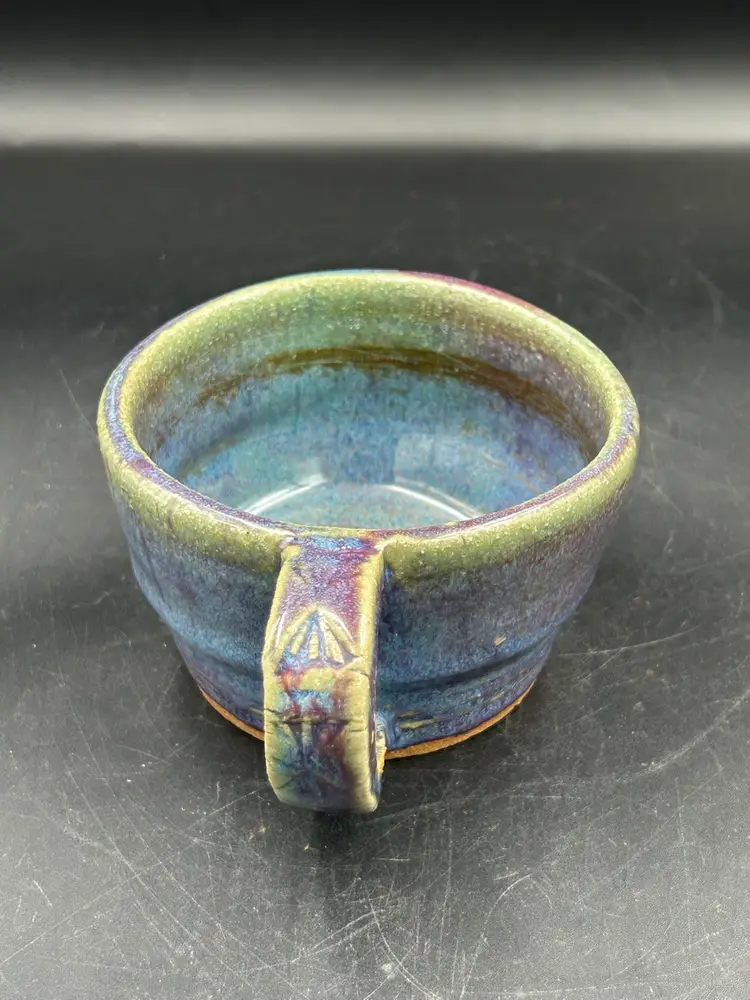 Vintage Studio Art  Pottery, Blue And Green Glazed Mug Design On Handle Artist Sign