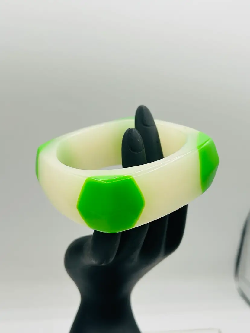 Chunky Vintage White Polka Squares Edges Dot Green White Wide Lucite Plastic Bangle Bracelet
