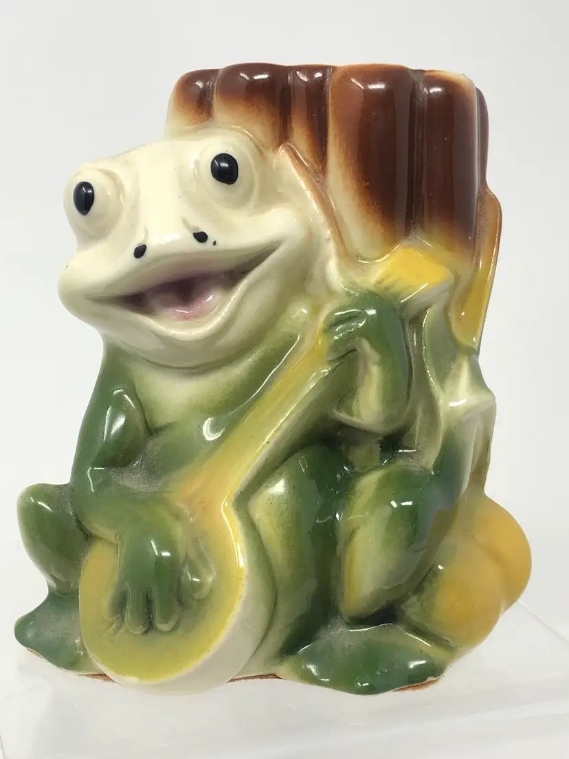 Banjo Froggy in the Cattails Vintage Ceramic Planter Vase