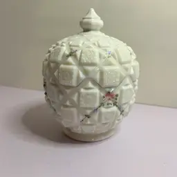 Vintage Westmoreland Milk Glass Quilted Candy Dish Handpainted Flowers Cottagecore