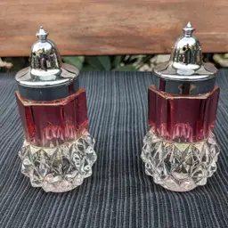 Vintage Indiana Glass Diamond Point Salt & Pepper Shakers with Ruby Band (Flashed)