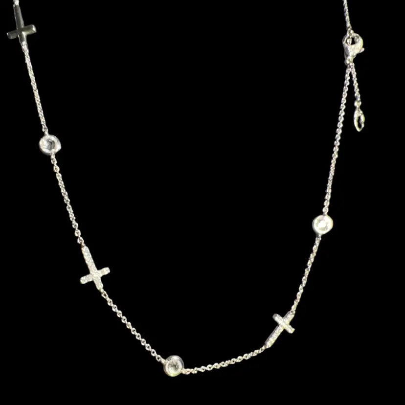 Beautiful 16” Petite Silver Plated Chain With Embedded Crystals And Crosses