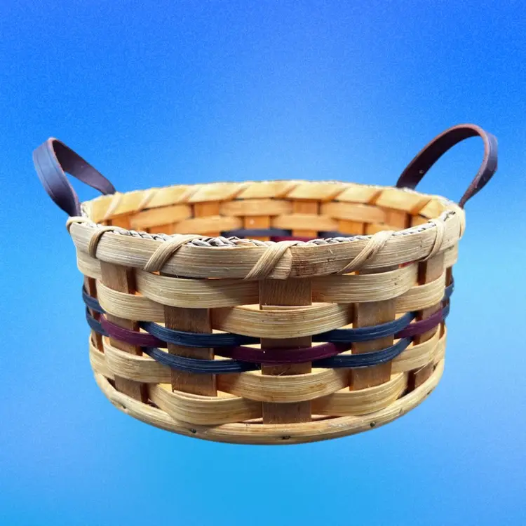 #279B Vintage Handcrafted/Handmade Woven Medium Round Gather Basket Red And Green Bands With Two Leather Handles And Solid Bottom.  
Signed On Bottom Eli Shetler Family 10-4-06 Wisconsin