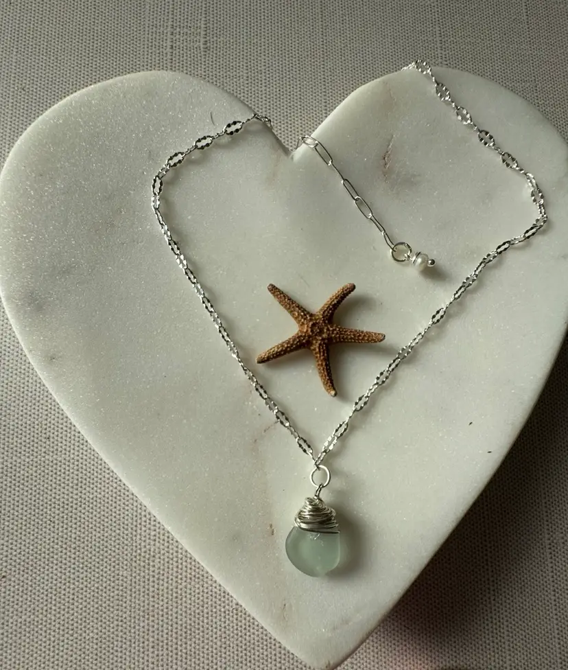 Aqua Sea Glass Necklace With Freshwater Pearl Extender #80