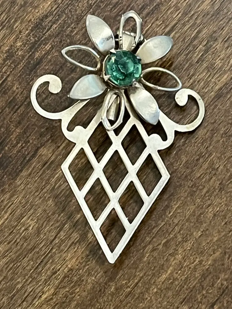 Vintage Bookmark Brooch With Green Glass