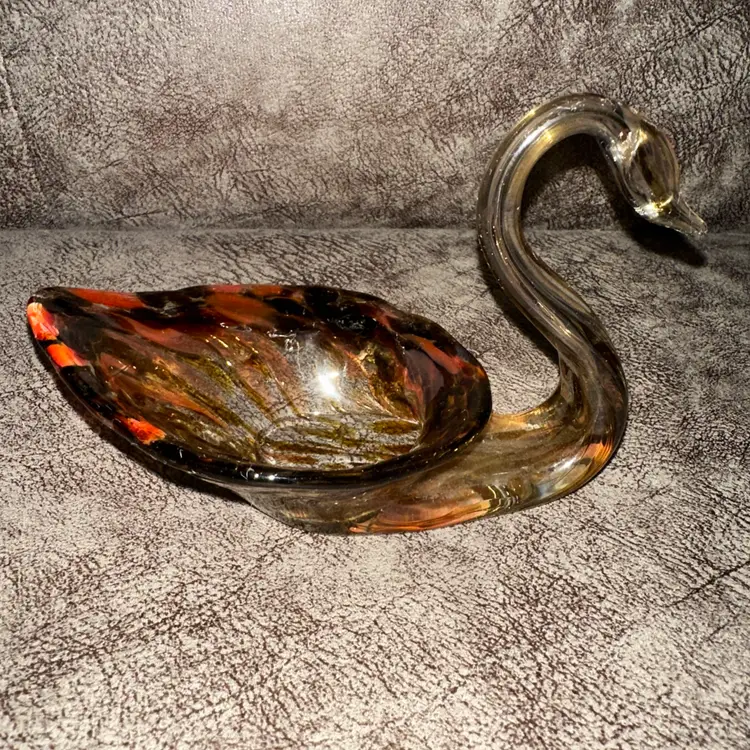 Brown and Orange Art glass swan trinket candy dish