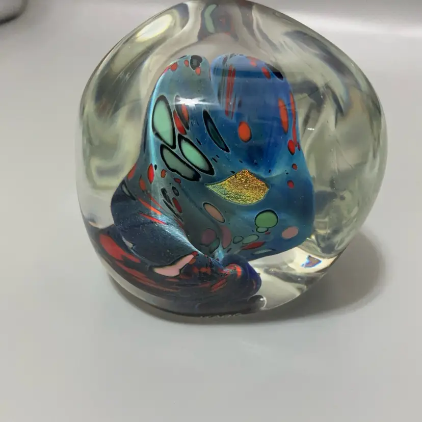 Rollin Karg Dichroic Abstract Art Glass Paperweight 2.5”