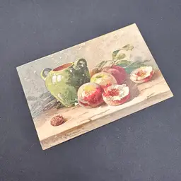 Antique Lithograph Postcard, Still Life Green Jug And Peaches, Marked & Posted