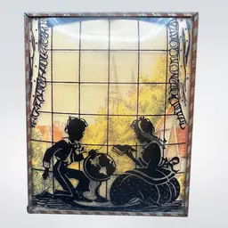 #254B Vintage Reverse Painted Silhouette Picture On Convex Glass Girl Reading to Boy In Playroom 1940’s In Striped Metal Frame