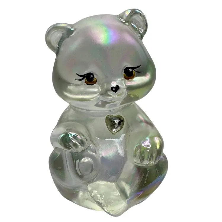 Fenton Birthstone Bear Figurine Carnival Glass Clear April Heart & Iridescent-Signed C Riggs