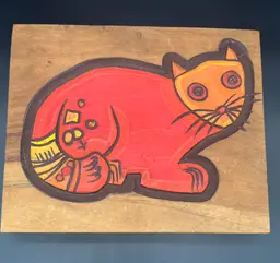 Hand Carved Wooden Folk Art Wall Hanging - Orange Cat