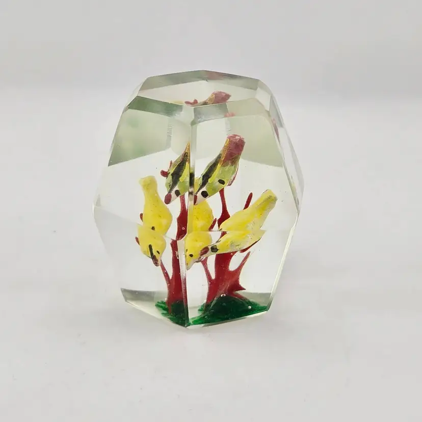 1930s Chinese Faceted Glass Bird Trio Paperweight